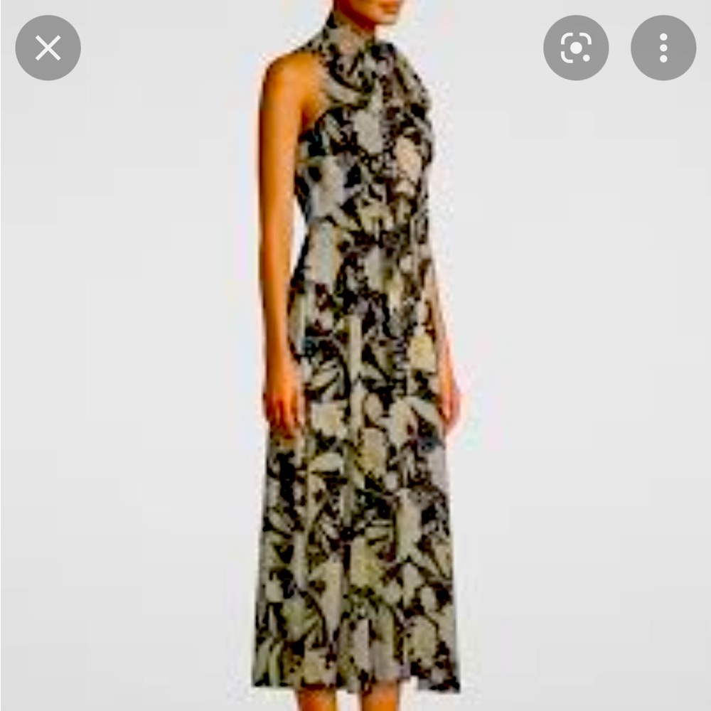 Midi fully lined black dress with cream and green floral pattern